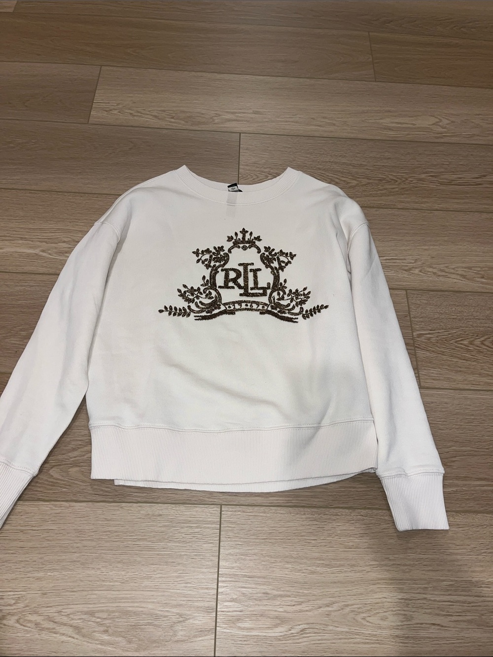 Ralph Lauren Cream Crewneck Sweater with Embroidered Brown Crest